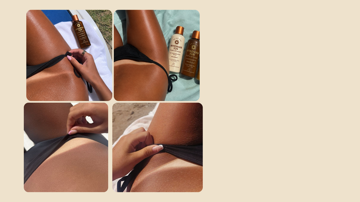 Real Mykonian Sun tan lines with Sun Booster Oil and SPF 10 Tanning Lotion